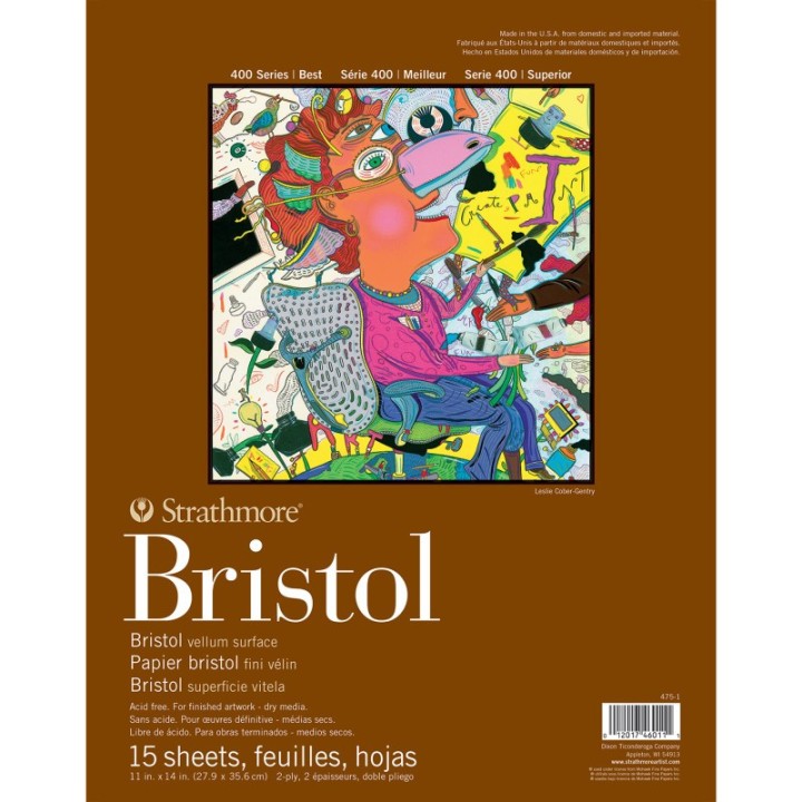 Strathmore 400 Series Bristol Paper Pad, Vellum Finish, 2-Ply, Tape Binding, 15 Sheet, 11x14 inch, 1 Count