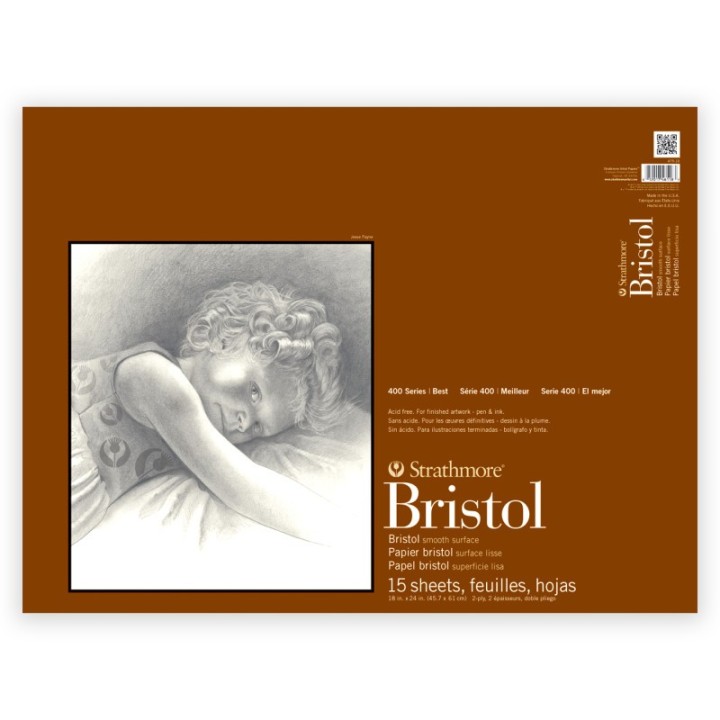 Strathmore 400 Series Bristol Paper Pad, Smooth Finish, 2-Ply, Tape Binding, 15 Sheet, 18x24 inch, 1 Count