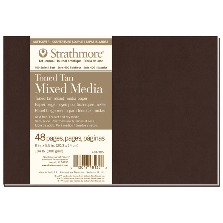 Strathmore 400 Series Art Journal Mixed Media Paper, Toned Tan, Soft Cover Binding, 48 Sheet, 8x5.5 inch, 1 Count