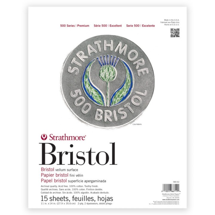 Strathmore 500 Series Bristol Paper Pad, 2-Ply, Vellum Finish, 15 Sheet, 11x14 inch, 1 Count