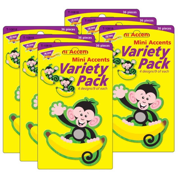TREND Monkeys and Bananas Mini Accents Variety Pack, 36 Per Pack, 6 Packs