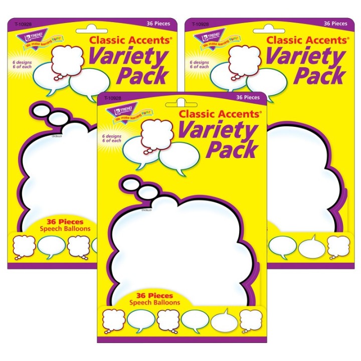 TREND Speech Balloons Classic Accents® Variety Pack, 36 Per Pack, 3 Packs