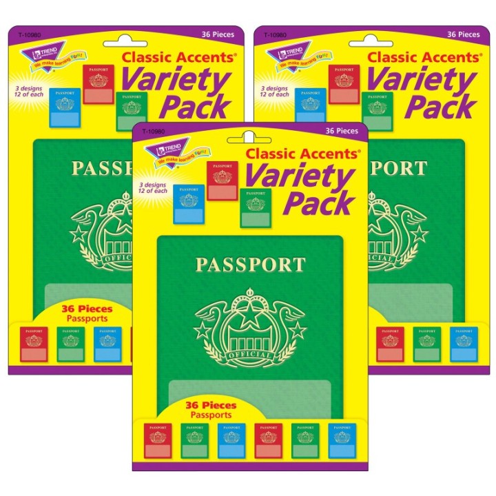 TREND Passports Classic Accents® Variety Pack, 36 Per Pack, 3 Packs