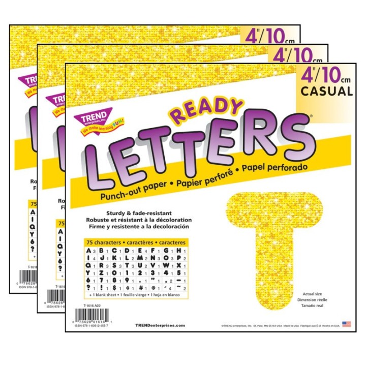 TREND Yellow Sparkle 4" Casual Uppercase Ready Letters®, 71 Per Pack, 3 Packs