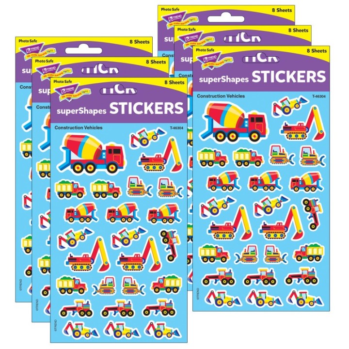 TREND Construction Vehicles superShapes Stickers-Large, 200 Per Pack, 6 Packs