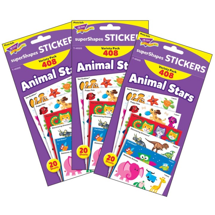 TREND Animal Stars superShapes Stickers-Large Variety Pack, 408 Per Pack, 3 Packs