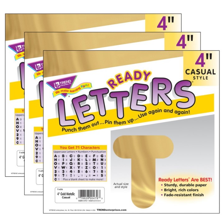 TREND Gold Metallic 4" Casual Uppercase Ready Letters®, 71 Per Pack, 3 Packs