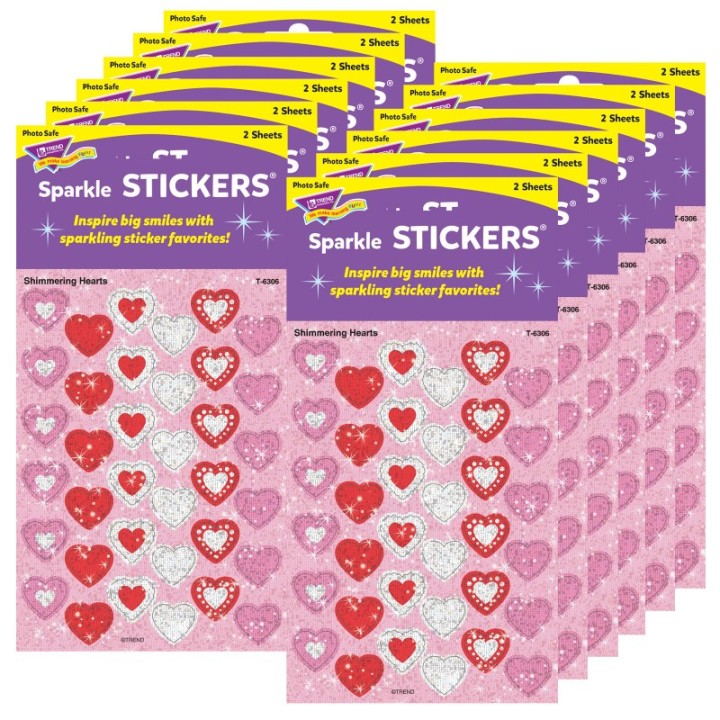 TREND Shimmering Hearts Sparkle Stickers®, 72 Per Pack, 12 Packs