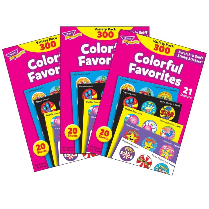 TREND Colorful Favorites Stinky Stickers® Variety Pack, 300 Per Pack, 3 Packs