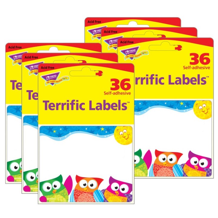 TREND Owl-Stars!® Terrific Name Tag/Labels™, 36 Per Pack, 6 Packs