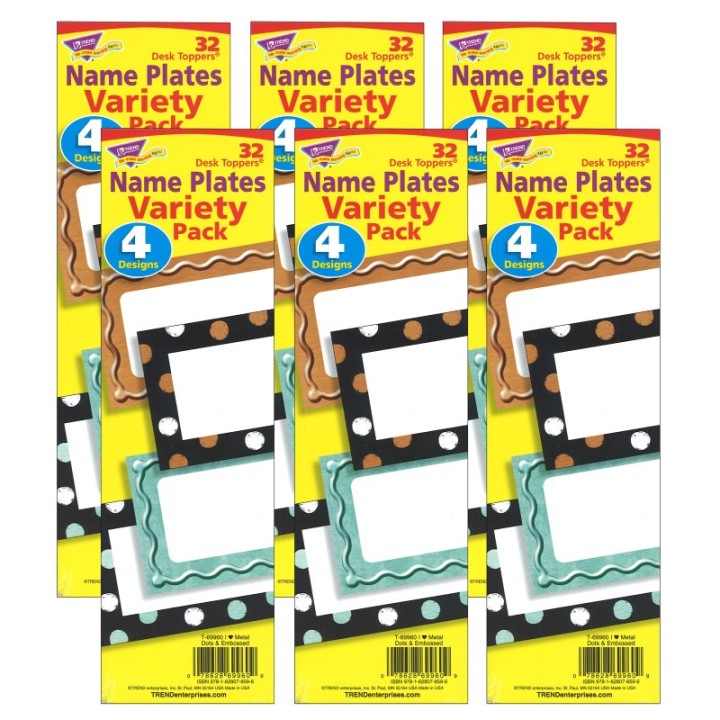 TREND I ♥ Metal™ Dots & Embossed Desk Toppers® Name Plates Variety Pack, 32 Per Pack, 6 Packs