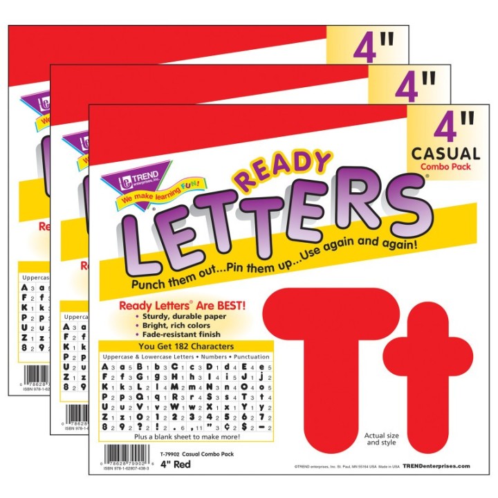TREND Red 4-Inch Casual Uppercase/Lowercase Combo Pack Ready Letters®, 182 Per Pack, 3 Packs