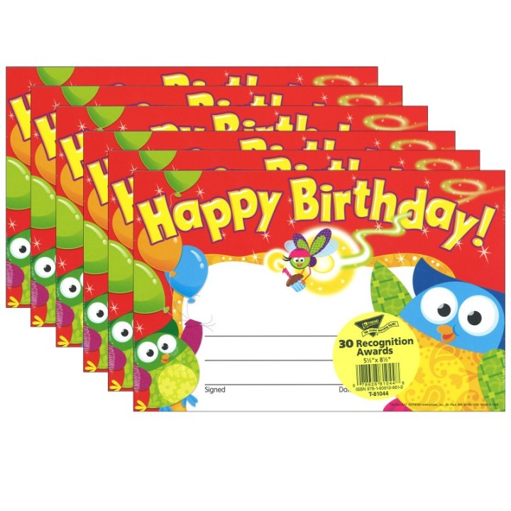 TREND Happy Birthday Owl-Stars!® Recognition Awards, 30 Per Pack, 6 Packs