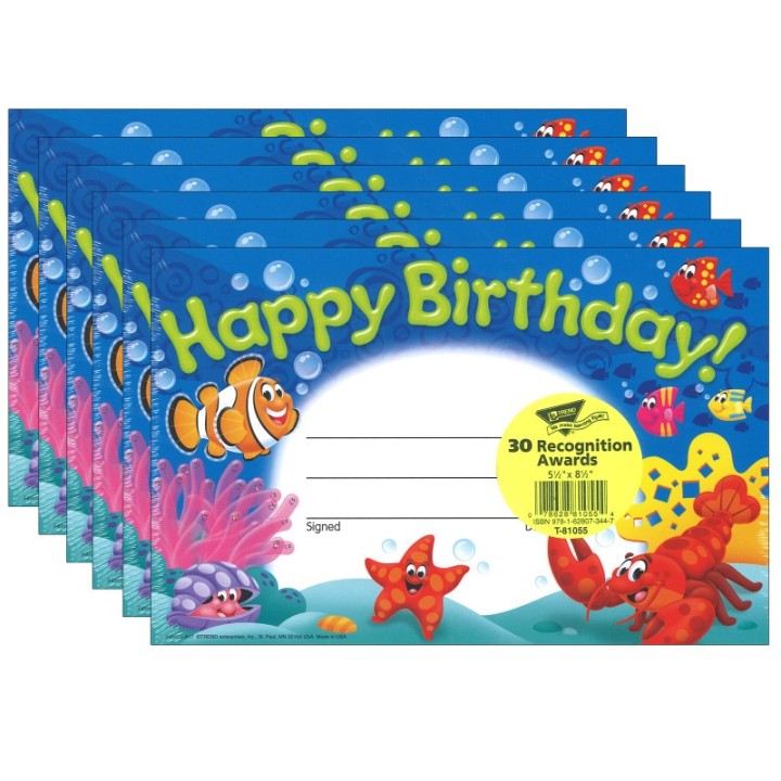 TREND Happy Birthday! Sea Buddies™ Recognition Awards, 30 Per Pack, 6 Packs