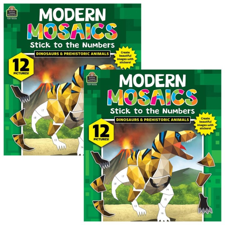 Teacher Created Resources® Dinosaurs Modern Mosaics Stick to the Numbers Activity Book, Pack of 2