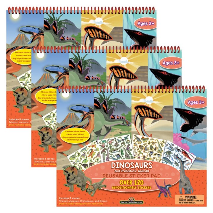 Teacher Created Resources® Dinosaurs and Prehistoric Animals Reusable Sticker Pad, Pack of 3