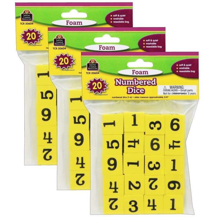 Teacher Created Resources® Foam Numbered Dice (1-6), 20 Per Pack, 3 Packs