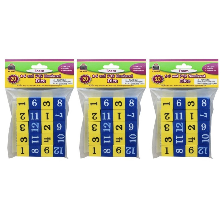 Teacher Created Resources® Foam Numbered Dice (Numerals 1-12), 20 Per Pack, 3 Packs