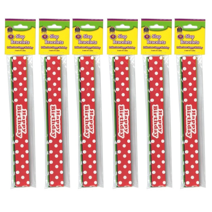Teacher Created Resources® Polka Dots Happy Birthday Slap Bracelets, 10 Per Pack, 6 Packs