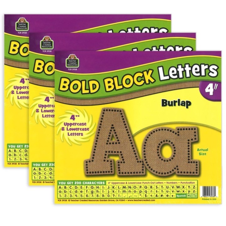 Teacher Created Resources® Burlap Design Bold Block 4" Letters Combo Pack, 230 Characters Per Pack, 3 Packs
