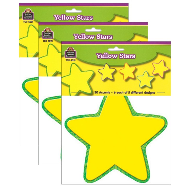 Teacher Created Resources® Yellow Stars Accents, 30 Per Pack, 3 Packs