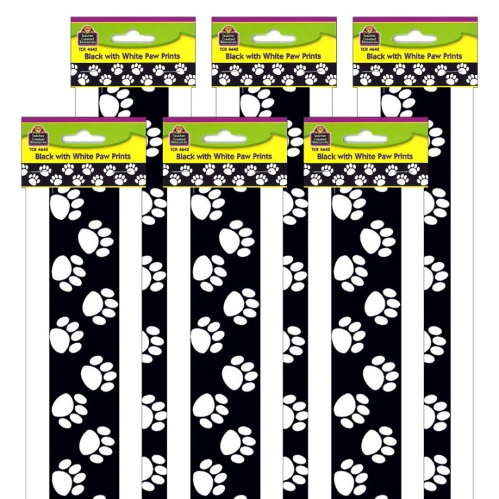 Teacher Created Resources® Black with White Paw Prints Border Trim, 35 Feet Per Pack, 6 Packs