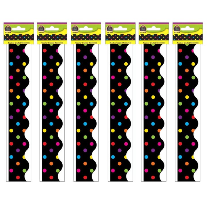 Teacher Created Resources® Multicolor Dots on Black Scalloped Border Trim, 35 Feet Per Pack, 6 Packs