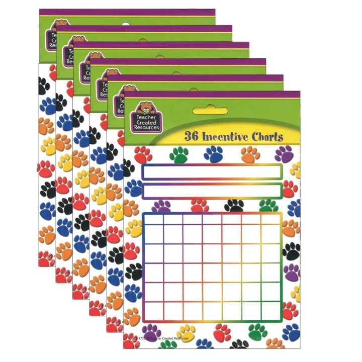 Teacher Created Resources® Colorful Paw Prints Incentive Charts, 5.25" x 6", 36 Sheets Per Pack, 6 Packs