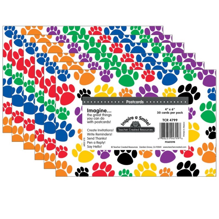 Teacher Created Resources® Colorful Paw Prints Postcards, 30 Per Pack, 6 Packs