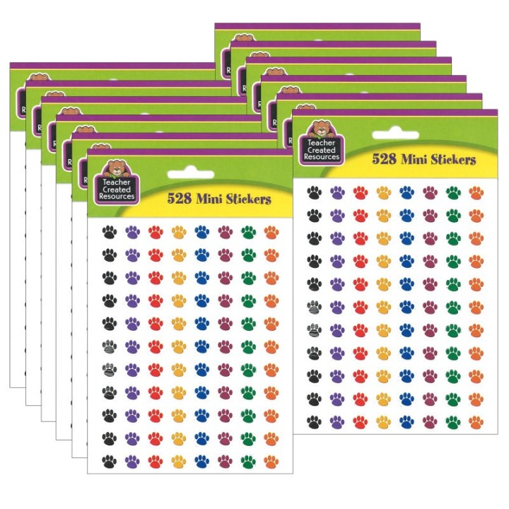 Teacher Created Resources® Colorful Paw Prints Mini Stickers, 3/8"Dia, 528 Per Pack, 12 Packs