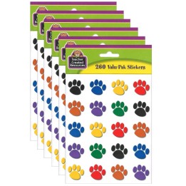 Teacher Created Resources® Colorful Paw Print Stickers Valu-Pak, 260 Pieces Per Pack, 6 Packs