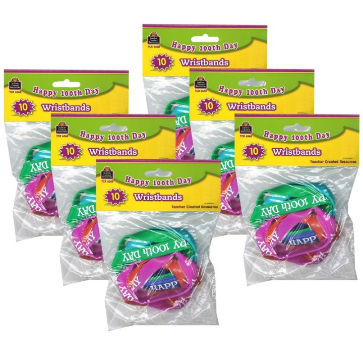 Teacher Created Resources® Happy 100th Day Wristband Pack, 10 Per Pack, 6 Packs