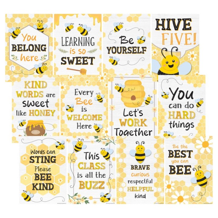 Teacher Created Resources® Buzzing Bees Positive Sayings Small Poster Pack, 11" x 15-3/4", Pack of 12