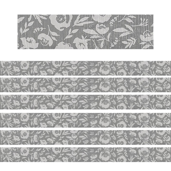 Teacher Created Resources® Classroom Cottage Gray Floral Straight Border Trim, 35 Feet Per Pack, 6 Packs