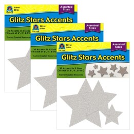 Teacher Created Resources® Silver Glitz Stars Accents, Assorted Sizes, 30 Per Pack, 3 Packs