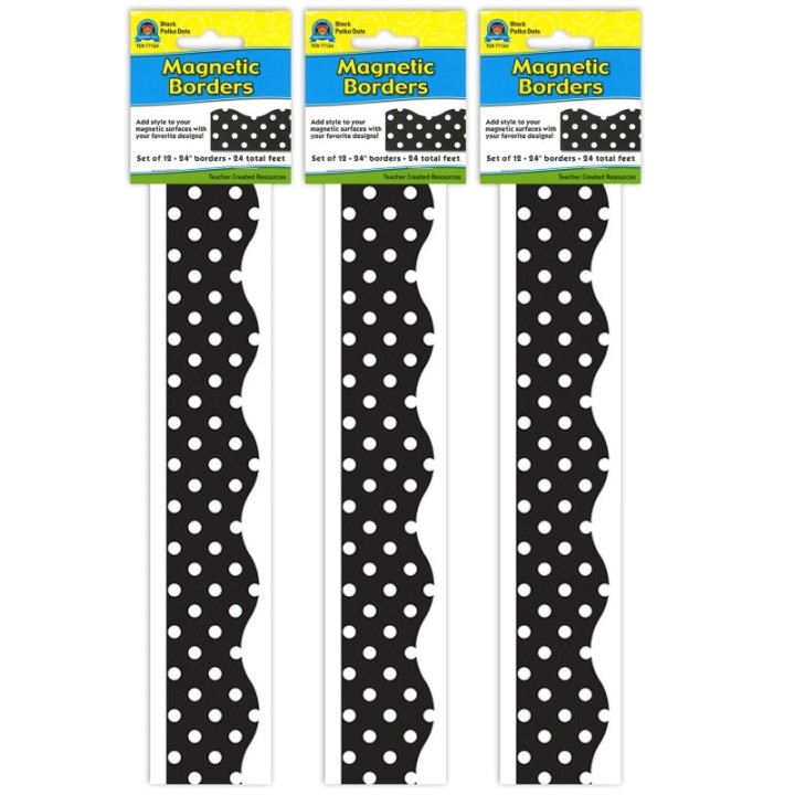 Teacher Created Resources® Magnetic Borders, Black Polka Dots, 24 Feet Per Pack, 3 Packs