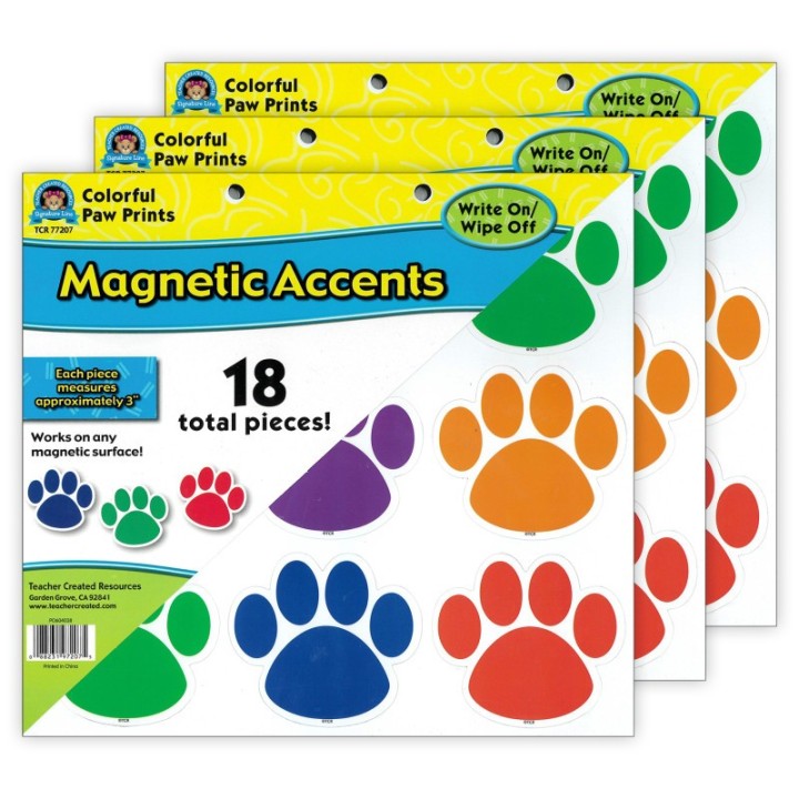 Teacher Created Resources® Colorful Paw Prints Magnetic Accents, 18 Per Packs, 3 Packs