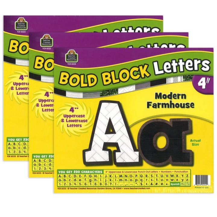 Teacher Created Resources® Modern Farmhouse Bold Block 4" Letters Combo Pack, 230 Pieces Per Pack, 3 Packs