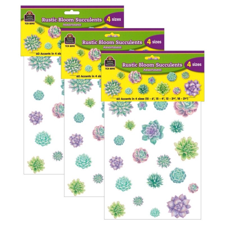 Teacher Created Resources® Rustic Bloom Succulents Accents, Assorted Sizes, 60 Per Pack, 3 Packs
