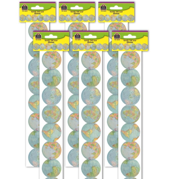 Teacher Created Resources® Travel the Map Globes Die-Cut Border Trim, 35 Feet Per Pack, 6 Packs