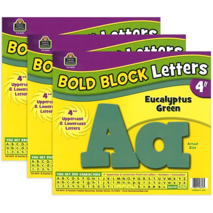 Teacher Created Resources® Eucalyptus Green 4" Bold Block Letters Combo, 230 Pack Per Pack, 3 Packs
