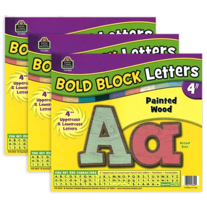 Teacher Created Resources® Painted Wood Design Bold Block 4" Letters Combo Pack, 230 Characters Per Pack, 3 Packs