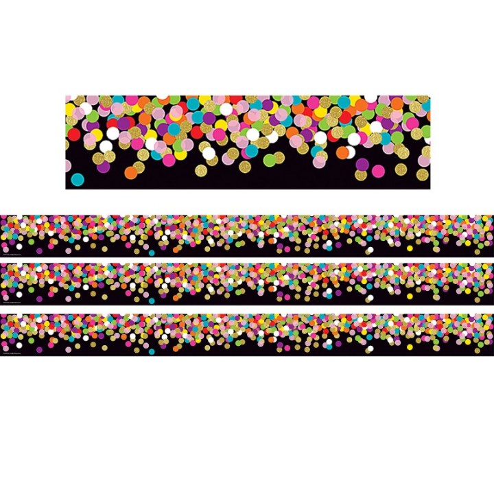 Teacher Created Resources® Colorful Confetti on Black Straight Rolled Border Trim, 50 Feet Per Roll, 3 Rolls