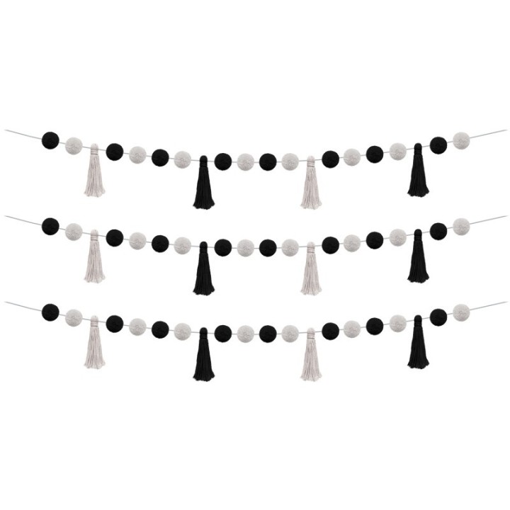 Teacher Created Resources® Black and White Pom-Poms and Tassels Garland, Pack of 3