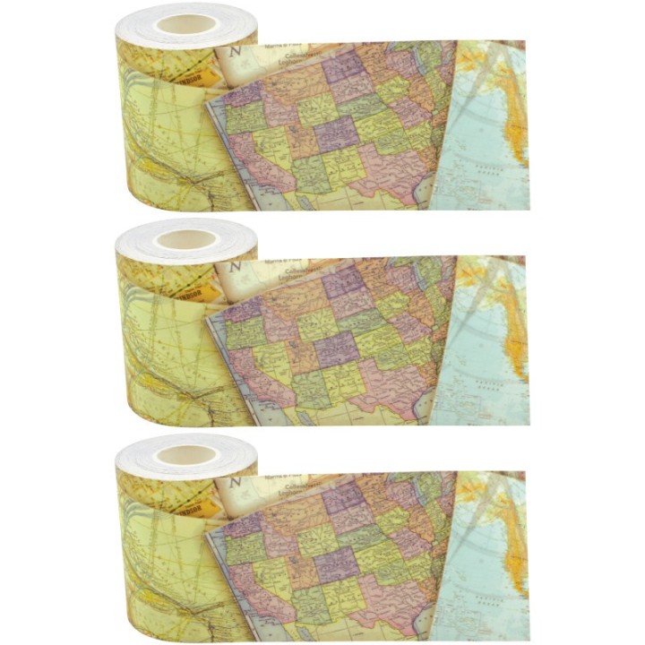 Teacher Created Resources® Travel the Map Straight Rolled Border Trim, 50 Feet Per Roll, Pack of 3