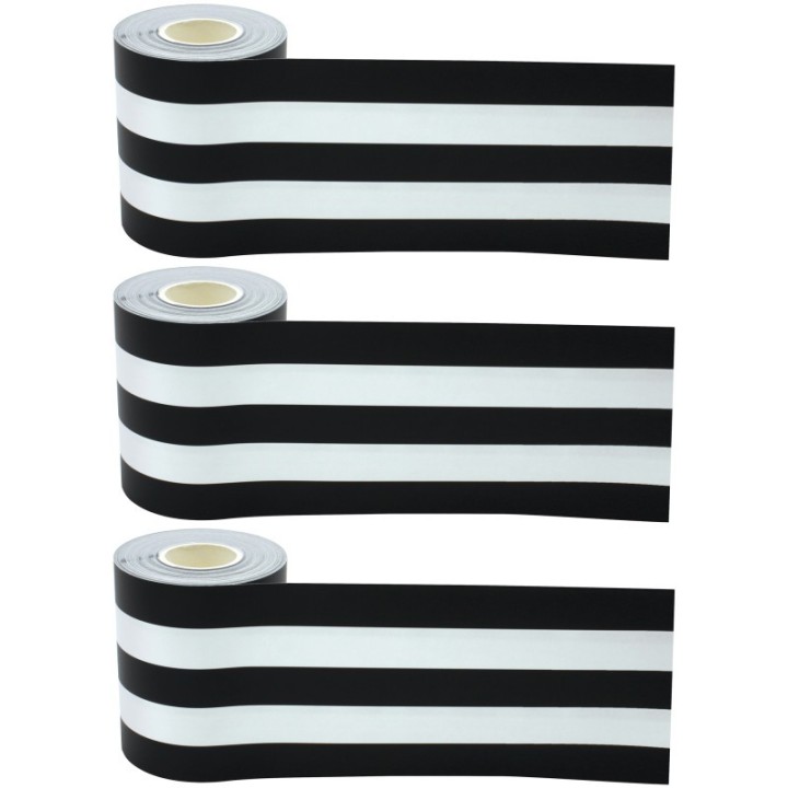 Teacher Created Resources® Black & White Stripes Straight Rolled Border Trim, 50 Feet Per Roll, Pack of 3