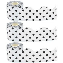 Teacher Created Resources® Black Polka Dots on White Scalloped Rolled Border Trim, 50 Feet Per Roll, Pack of 3
