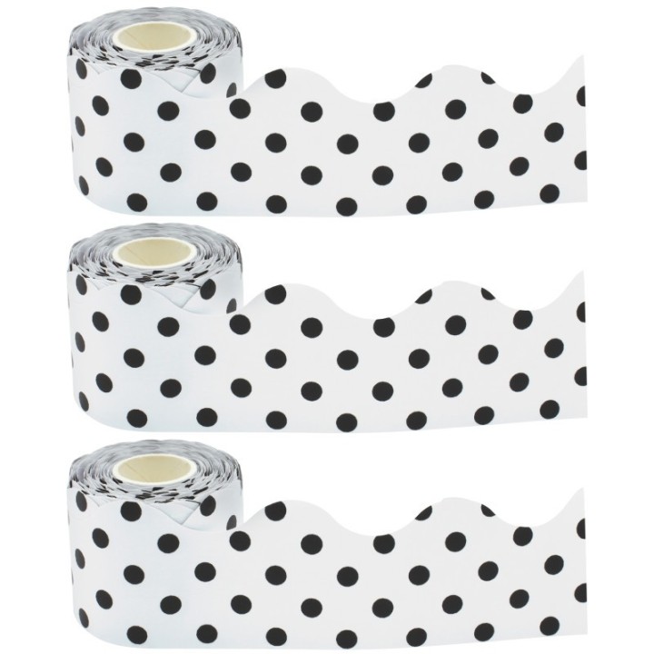 Teacher Created Resources® Black Polka Dots on White Scalloped Rolled Border Trim, 50 Feet Per Roll, Pack of 3