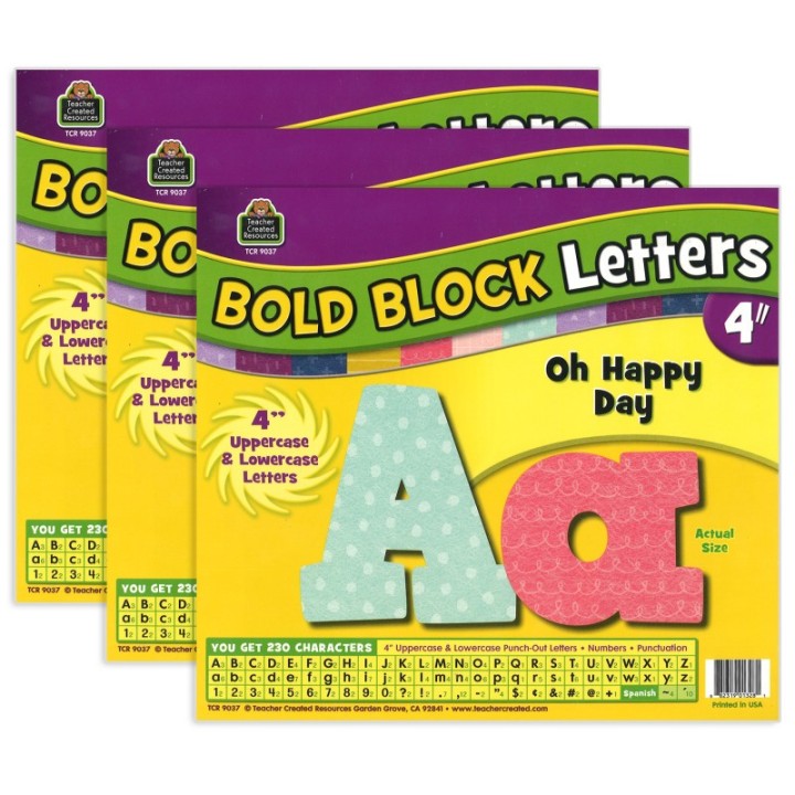 Teacher Created Resources® Oh Happy Day Bold Block 4" Letters Combo Pack, 230 Pieces Per Pack, 3 Packs