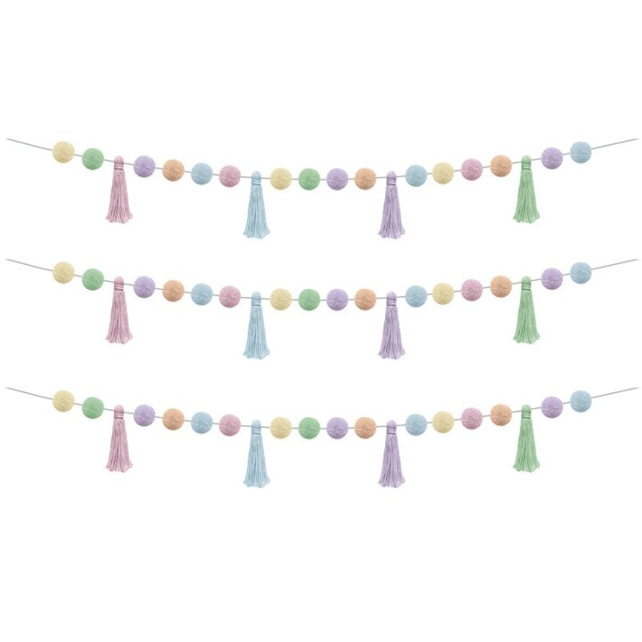 Teacher Created Resources® Pastel Pop Pom-Poms and Tassels Garland, 60", Pack of 3